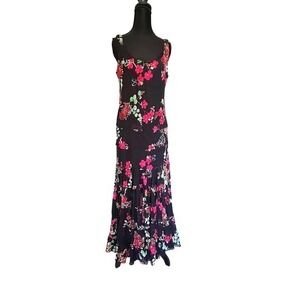 Vintage Black Dark Floral Tiered Ruffle Maxi Dress Size
 12 Wedding Guest